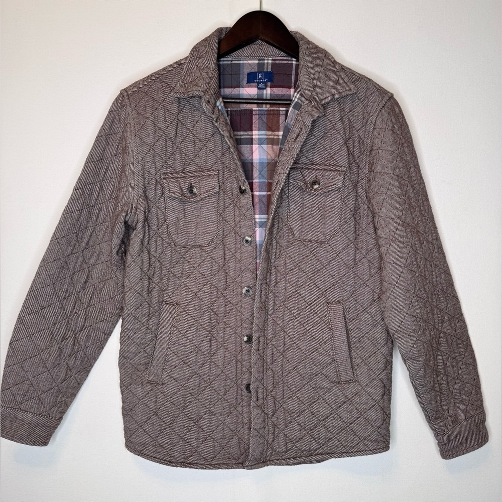 George‎ Men’s Size Small Brown Quilted Shirt Jacket plaid flannel lining pockets